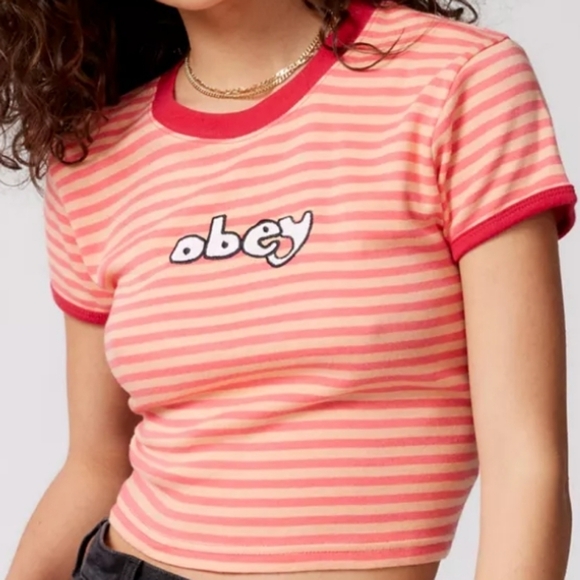 OBEY ZOE STRIPE RINGER TEE, SIZE S & M, ORIGINALLY $58 COLOR: PINK - Picture 3 of 5